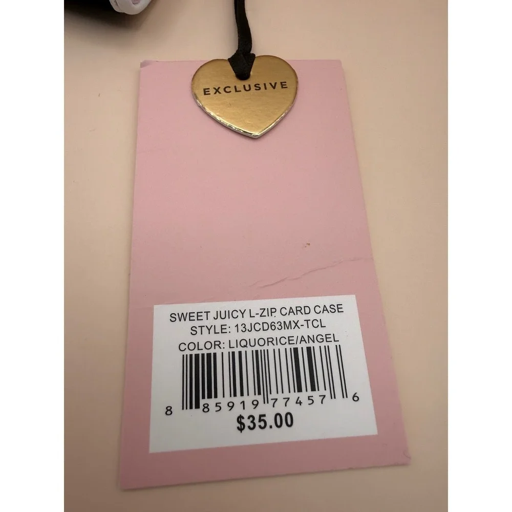 Juicy Couture Sweet Juicy L-Zip Card Case Wallet Black Velour Strawberry‎ NEW